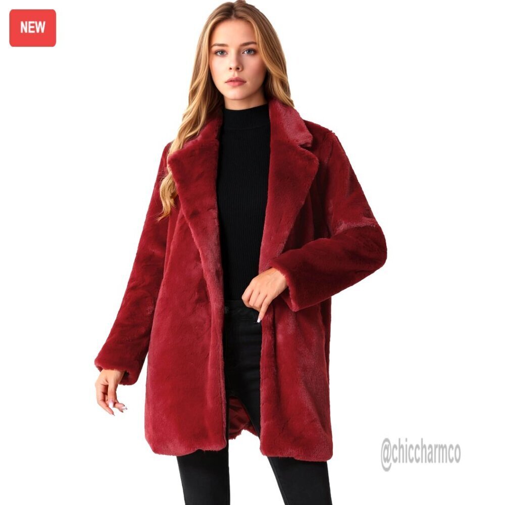 Long Faux Fur Coat Lapel Open Front Winter Jacket Women's Oversized